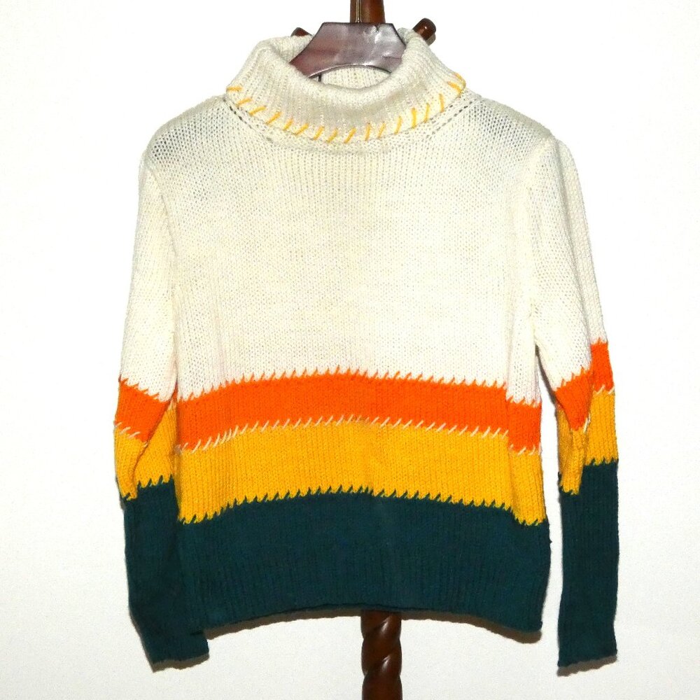 New Handmade Knit Turtleneck Sweater Women's size L/XL Ecru Yellow Orange Teal